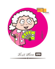 Cartoon Old Woman Showing Money - Earn Extra Income Vector Concept