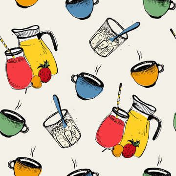 Breakfast seamless pattern. Cold, hot drinks with fruits and curd. Colorful vector illustration on white background.
