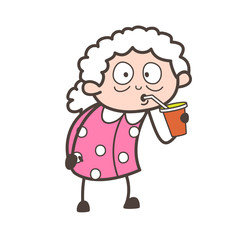 Cartoon Grandma Drinking Juice Vector Illustration