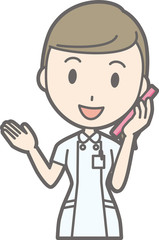 An illustration that a nurse wearing a white suit calls with a smartphone