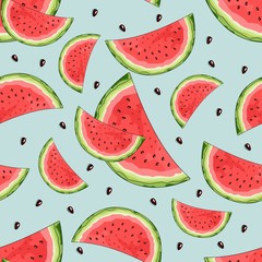 Seamless pattern with watermelon and tropical leaves in the background. Vector illustration.