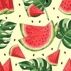Seamless pattern with watermelon and tropical leaves in the background. Vector illustration.