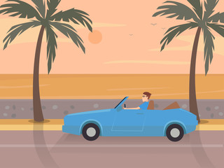 Man driving car with beach background