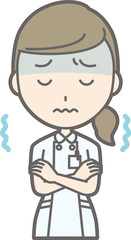 Illustration that a nurse wearing a white suit is cold and trembling