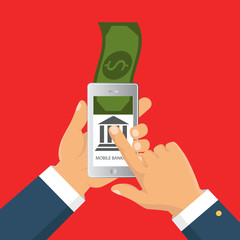 Vector flat illustration. Flat cartoon style. Send money via smartphone. Concept for mobile banking and online payment.