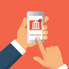 Vector flat illustration. Flat cartoon style. Send money via smartphone. Concept for mobile banking and online payment.