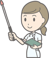Illustration that a nurse wearing a white suit smiled with an instruction stick