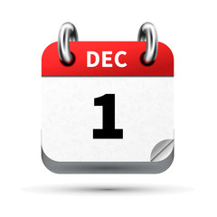 Bright realistic icon of calendar with 1st december date isolated on white