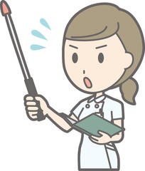 Illustration that a nurse wearing a white suit is panicking with an instruction stick