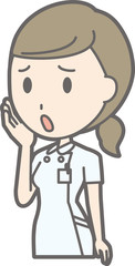 An illustration in which a nurse wearing a white suit is troubled by putting his hand on her cheek