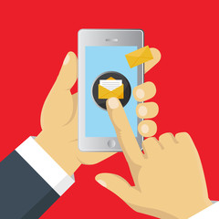 Mobile messenger chat, hands with smartphone sending a message. Isometric flat design, vector illustration