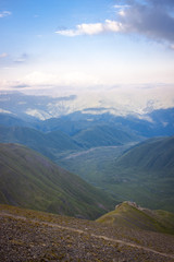Hiking in the Greater Caucasus mountains, Chaukhi pass, Georgia.