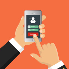 Flat design vector illustration. Sign in page on smartphone screen. Hand holding smartphone. Mobile account.