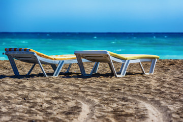 Sun beds on the beach of Manavgat, Turkey