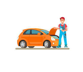 The young male mechanic in the service center car, the garage. Vector illustration in flat style. Concept design work of the repair shop