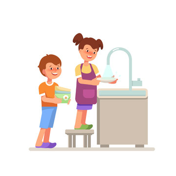 Vector illustration smiling couple child girl boy washing up cartoon flat style. Kid housework washing dishes isolated white background in bright colours