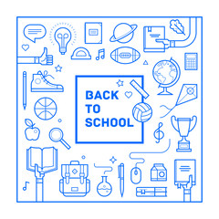 Back to school poster or invitation design in trendy linear style. Set of different school supplies. Vector illustration.