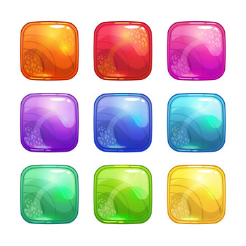 Cartoon Colorful Square Glossy Buttons Set.