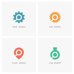 Search logo set. Gear or wheel with loupe, address pointer, sun energy and test tube with magnifier symbol - industry and engineering, science, travel agency and location map icons.