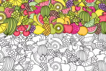 Poster Fruits cartoon doodle outline design. Cute lineart background concept for greeting card,  advertisement, banner, flyer, brochure. Hand drawn vector illustration.  © Natalie Adams