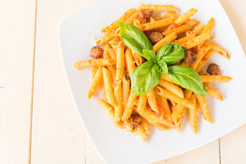 Ziti, Italian pasta with sausage and tomato sauce