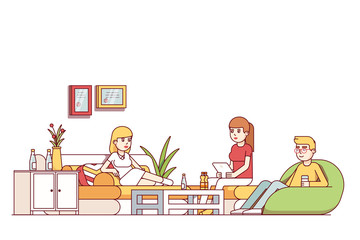 Friends relaxing in living room or office lounge