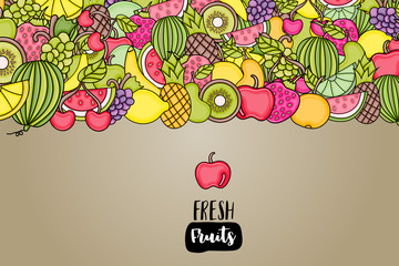 Fruits cartoon doodle design. Cute background concept for greeting card,  advertisement, banner, flyer, brochure. Hand drawn vector illustration. 
