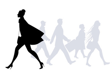 Fashion woman walking in the street. People silhouettes walking on the background
