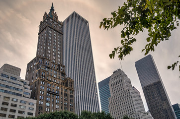 Fototapeta na wymiar Modern and traditional buildings in New York city; low angle view