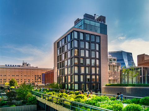 The High Line Park in Manhattan New York. The urban park is popular by locals and tourists built on the elevated train tracks above Tenth Ave in New York City