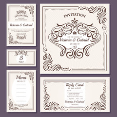 Calligraphic vintage floral wedding cards collection
