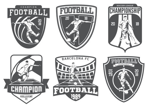 Set of vintage football emblems, badges and icons isolated on white background. Soccer players.