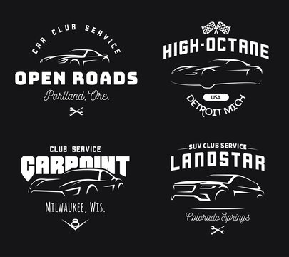 Set of modern sports car and SUV logo, emblems and badges on black background.