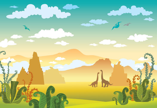 Prehistoric landscape- dinosaurs, mountains, plant.