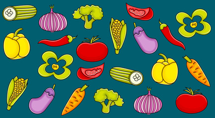 Vegetables cartoon doodle icon set. Cute elements for greeting card,  advertisement, banner, flyer, brochure. Hand drawn vector illustration. 