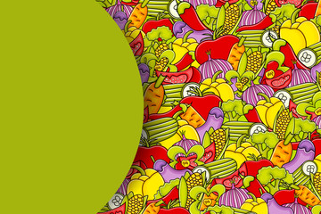 Vegetables cartoon doodle design. Cute background concept for greeting card,  advertisement, banner, flyer, brochure. Hand drawn vector illustration. 