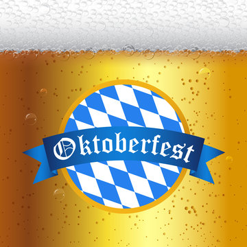 Oktoberfest beer festival - vector illustration with a beer glass close-up and a Bavarian flag.