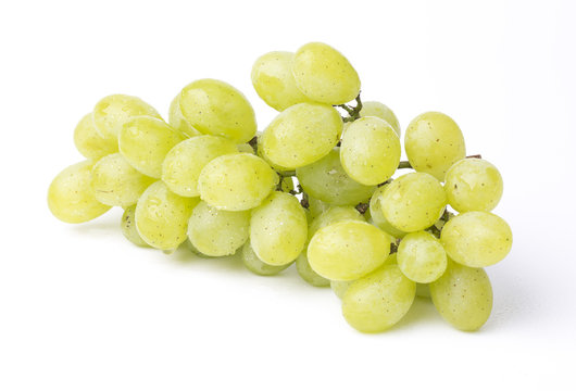 Fresh green grapes with waterdrops on the white background.