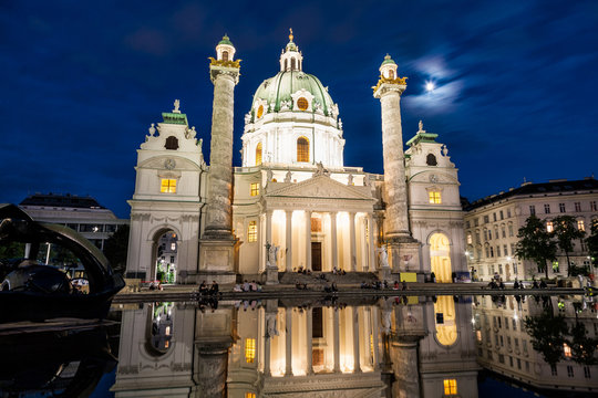 Karlskirche church in Vienna at night