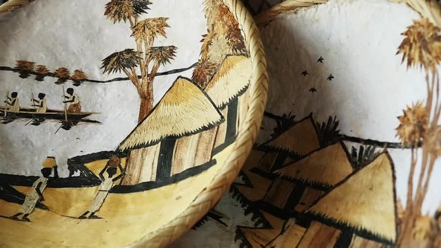 African stitched plates in souvenir shop, close up