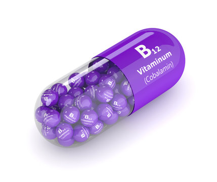3d rendering vitamin B12 pill with granules over white
