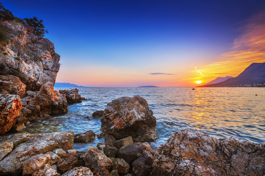 Warm sunset Gradac in Croatia
