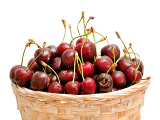 Wicker basket with ripe red cherry. Close-up. Isolate on white background