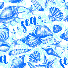 Decorative seamless pattern with ink hand-drawn various types mollusk sea shells, starfishes, pebbles. Marine elements texture with brush calligraphy style lettering. Vector illustration.