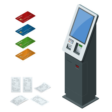 Isometric Set Vector Online Payment Systems And Self-service Payments Terminals, Debit Credit Card And Cash Receipt. NFC Payments, Payment Terminal, Digital Touch Screen, Interactive Kiosk Concept