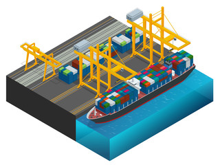 Fototapeta premium Isometric Cargo containers transshipped between transport vehicles for onward transportation Port warehouse and shipment for infographic Platform supply vessel Logistic support goods tools equipment