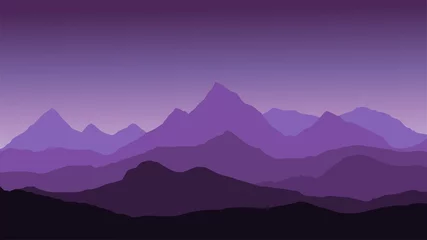 Photo sur Plexiglas Tailler vue panoramique sur le paysage de montagne avec du brouillard dans la vallée ci-dessous avec le ciel violet alpenglow et le soleil levant - image vectorielle