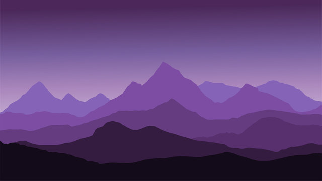 panoramic view of the mountain landscape with fog in the valley below with the alpenglow purple sky and rising sun - vector