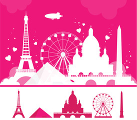 Fototapeta na wymiar White Paris silhouette on pink background. Travel background, creative banner
