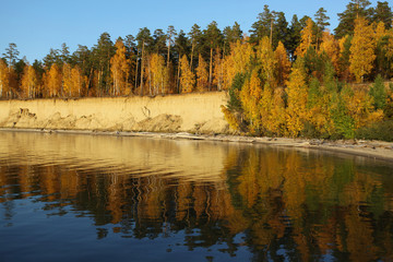Panoramic landscape with river and autumn forest on the high Bank.